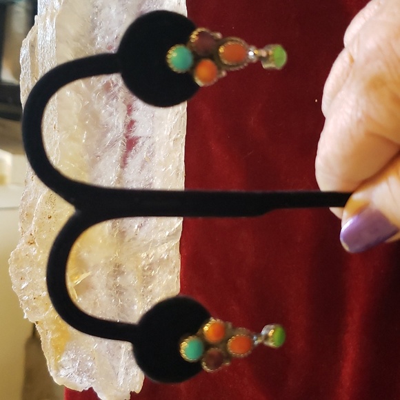 Vintage Handcrafted Signed Navaho Silver Multi Stone Post Earrings - Picture 5 of 12